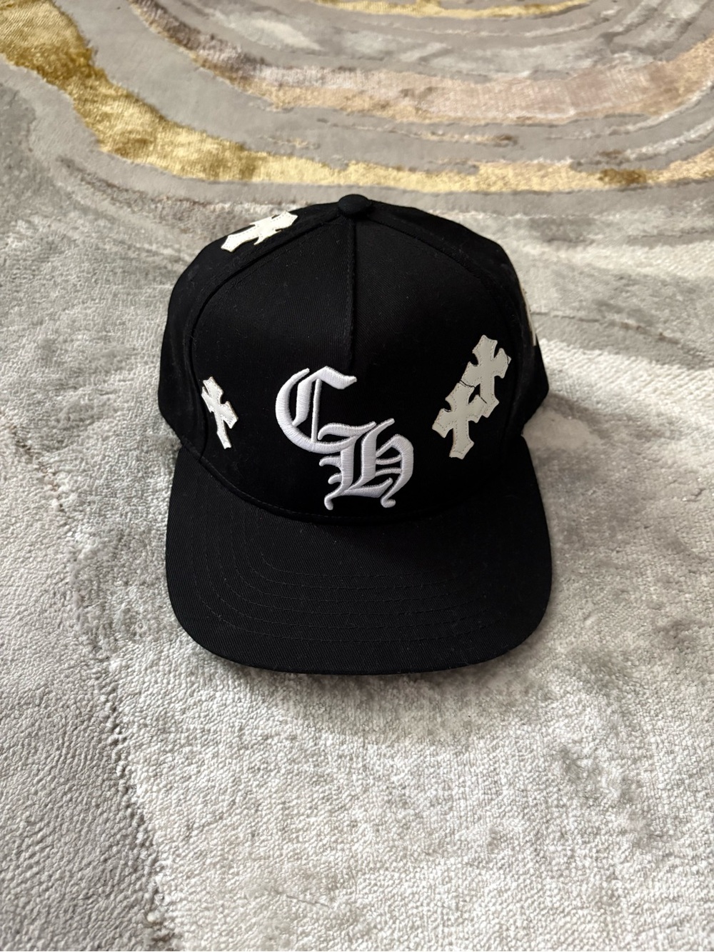 Chrome Hearts Black Hat with White Embroidered CH and Crosses